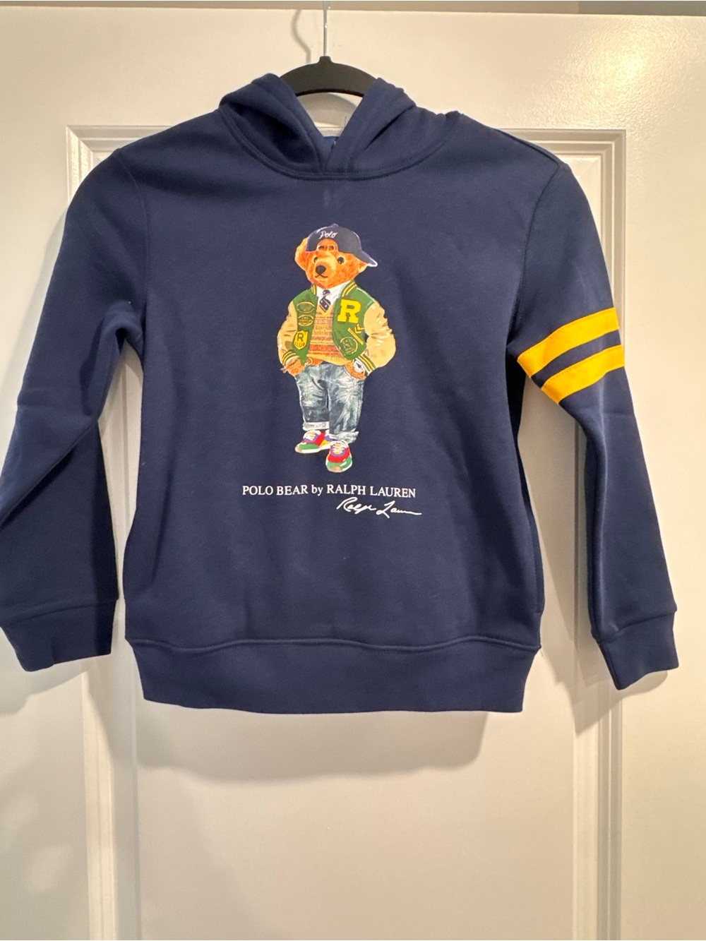 Polo by Ralph Lauren Navy Hoodie with Yellow Sleeve Stripes and Polo Bear